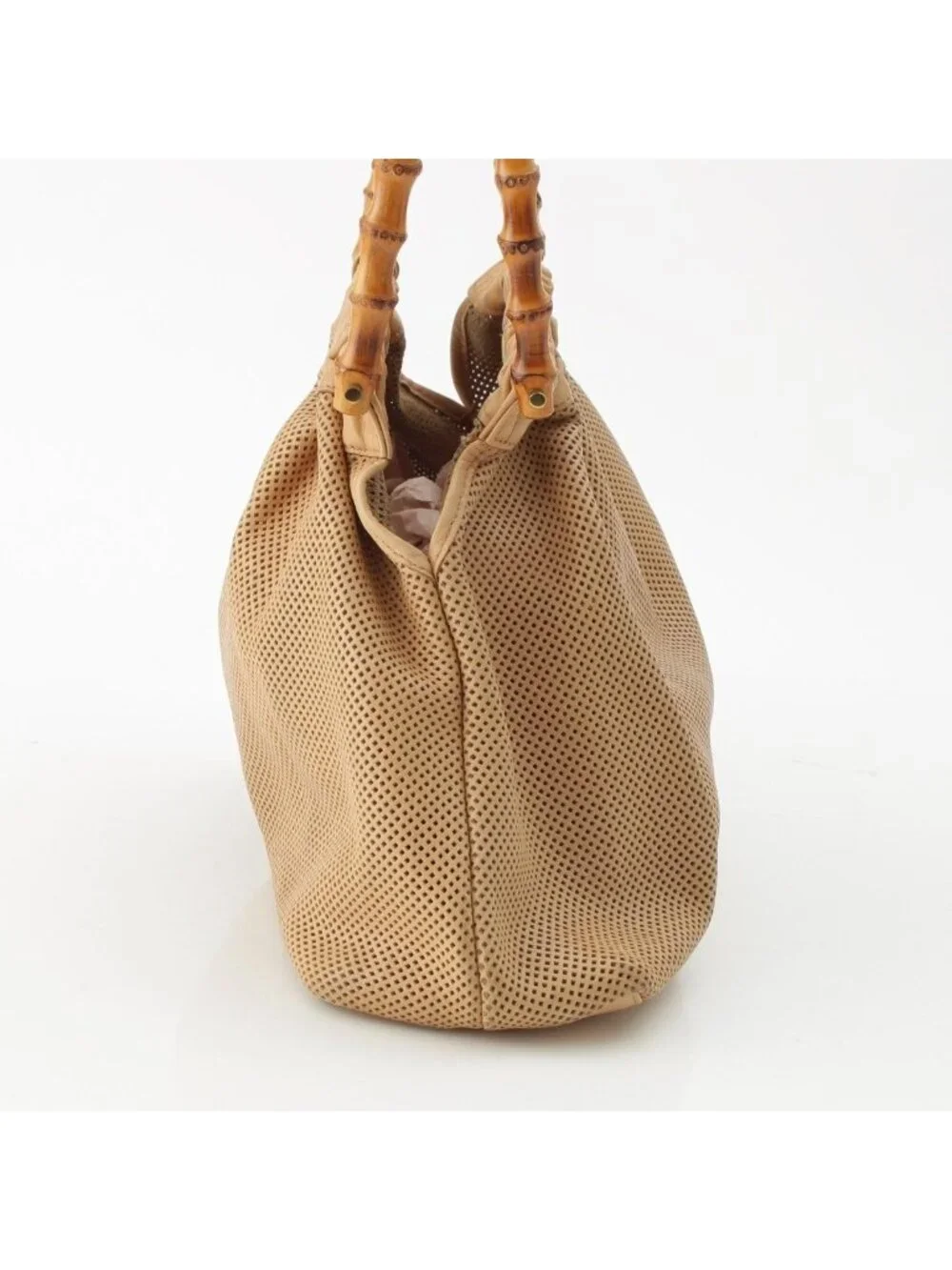 Gucci Bamboo Handle Perforated Leather Bucket with Handbag Pouch Beige - Picture 3 of 10
